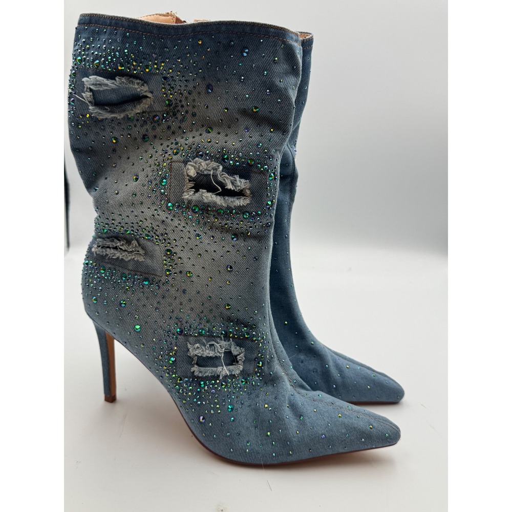 Vivianly Blue Denim Rhinestone Distressed Stiletto Boots Pointed Toe Size 9‎